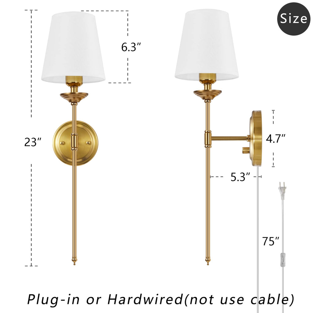 Dimmable Plug in Wall Sconces Set of 2, Gold Bedside Wall Lamp with Knob Dimmer Switch and 6.5FT Electric Cord, Mid