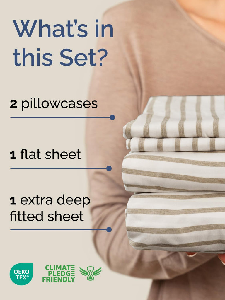 Extra Deep Queen Sheet Set - 4 Piece Breathable & Cooling - Beige Stripes