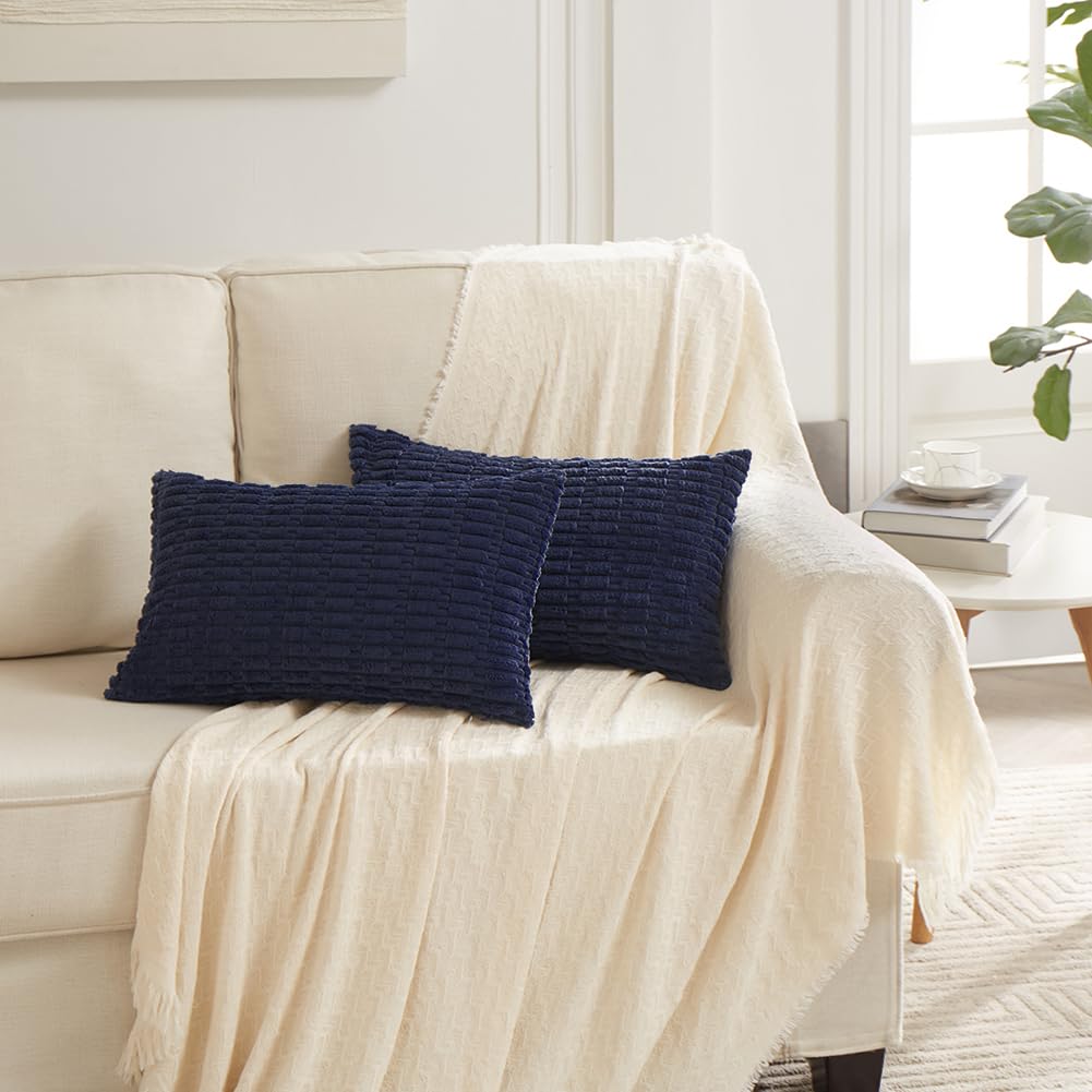 2 Packs Navy Blue Decorative Throw Pillow Covers 14x24 Inch Couch Bed Sofa, Soft Corduroy Square Cushion Case 35x60