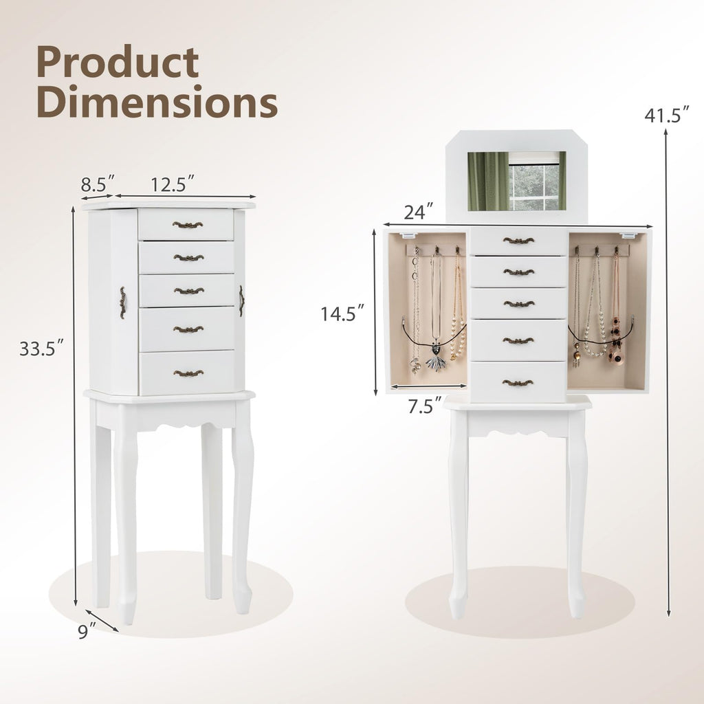 Standing Jewelry Armoire with Flip Top Mirror, Top Storage Tray, 4 Drawers, 2 Side Doors with Necklace Hooks, Vintage