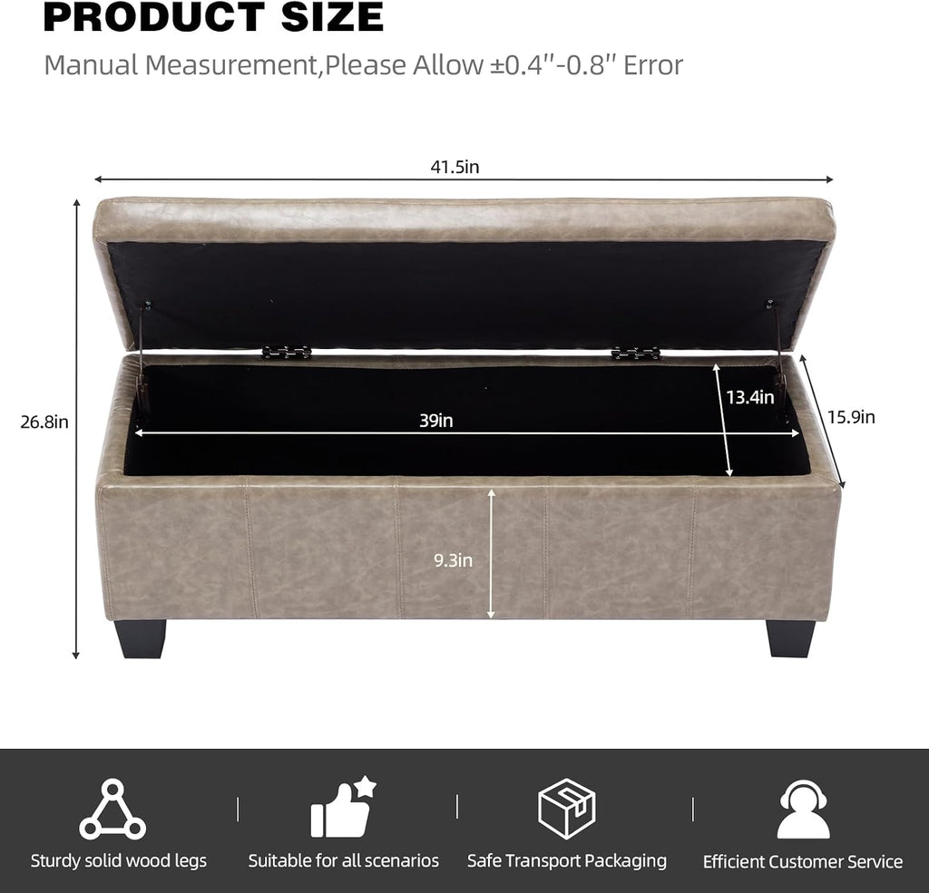 41.5 Inch Light Gray Faux Leather Storage Ottoman Bench for Small Spaces | 2.8 cu ft storage capacity,660 lbs weight