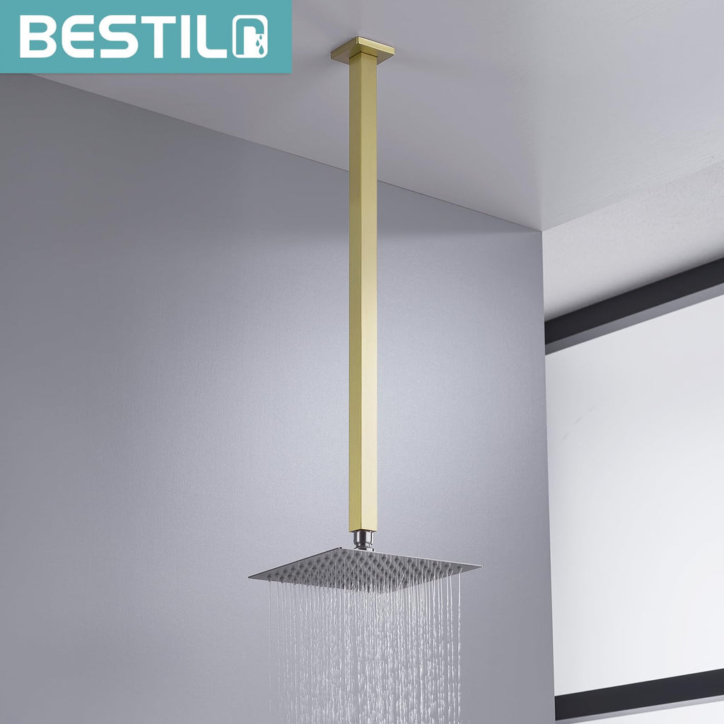 24 Inch Brushed Gold Ceiling Mount Shower Arm and Flange, Square Rain Shower Arm