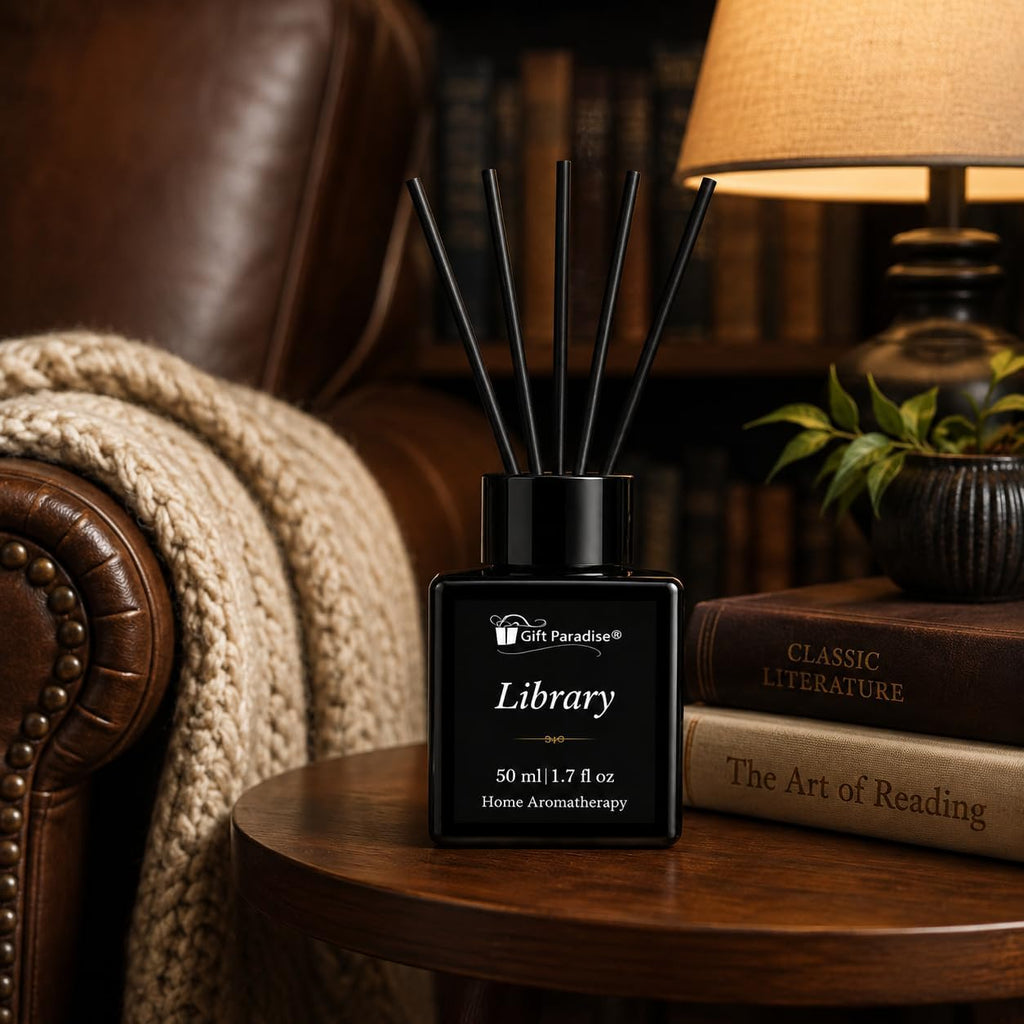 Library Luxury Reed Diffuser Set - 50 ml Scented Oil with Glass Bottle & Reed Sticks, Warm Woody Book-Inspired Home - Set of 17