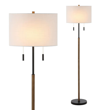 Maude 61" 2-Light Metal Floor Lamp, Brown Wood Finish/Black