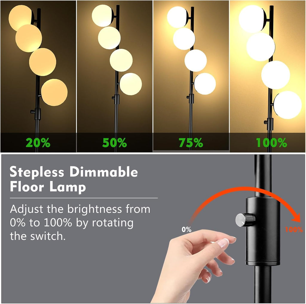 Black Globe Floor Lamp Dimmable 64IN Tall Standing Lamps with Soft Warm White Eye Care 3000K G9 Bulbs, Mid Century