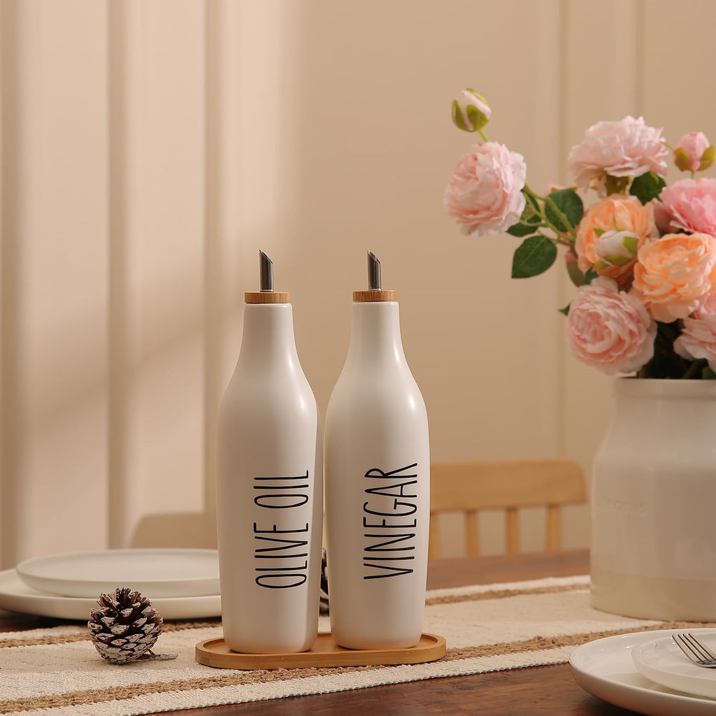 Olive Oil and Vinegar Dispenser Set, 16oz Ceramic Oil Dispenser Dispenser Bottle for EVOO Vinegar Syrups, Modern - Set of 2