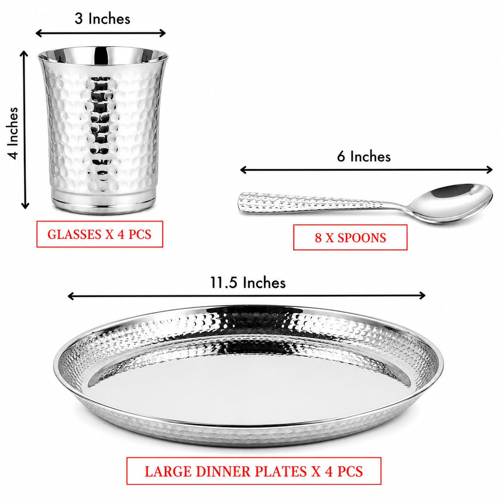 Stainless Steel Dinnerware Hammered 28-Piece Dinner set Dishwasher safe ~ Indian Style (Service for 4)