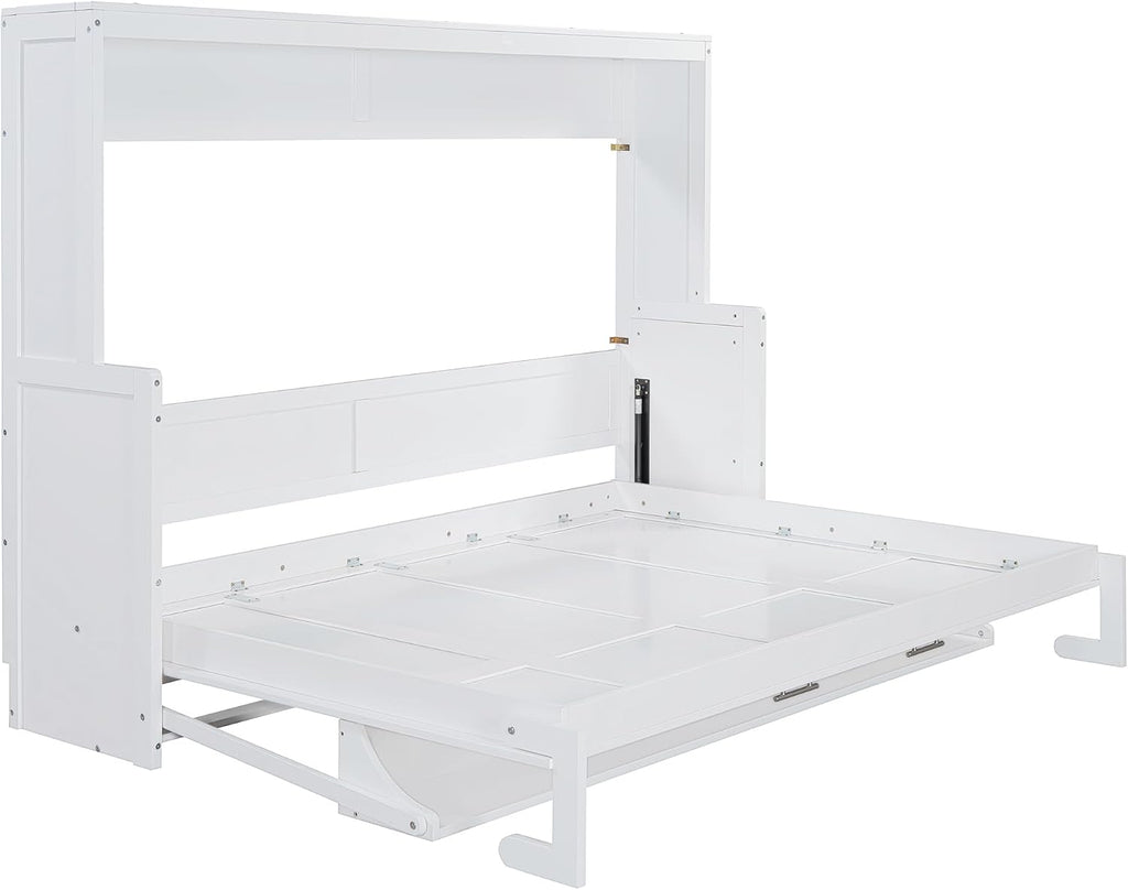 Horizontal Murphy Bed Queen,Hidden Folding Wall Bed Frame with Hydraulic Lift&Desk,Wood Cabinet Platform Bed can be