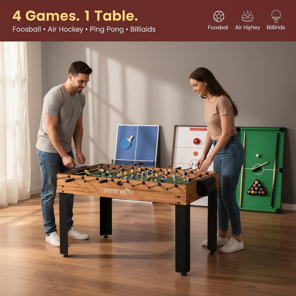 Multi Game Table, 48" Sports Arcade Games with Accessories, Ping Pong, Hockey, Pool Billiards, Soccer Foosball All in
