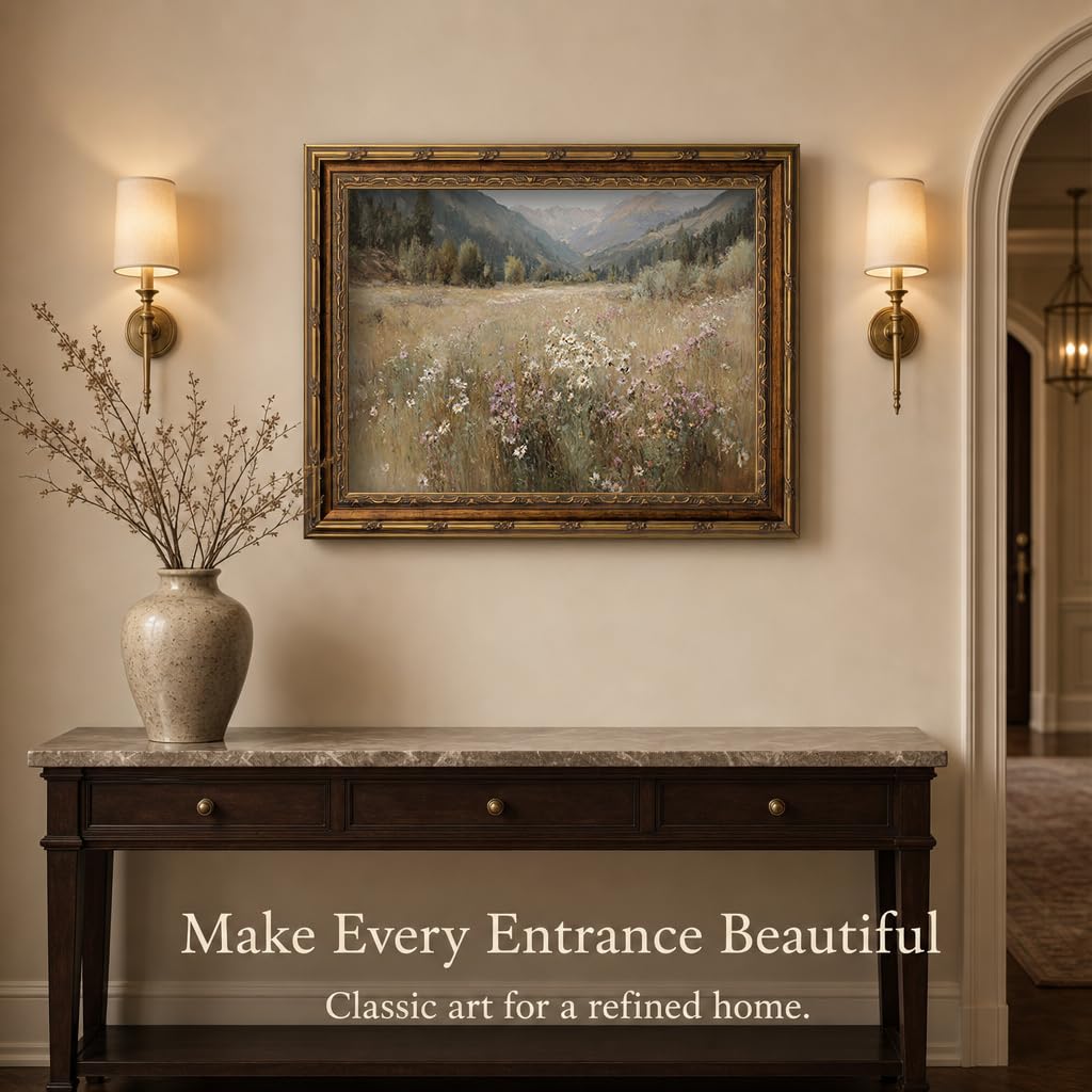 Vintage Landscape Gold Framed Wall Art Wildflower Meadow & Mountain Painting, Soft Neutral Cottagecore scenery Canvas