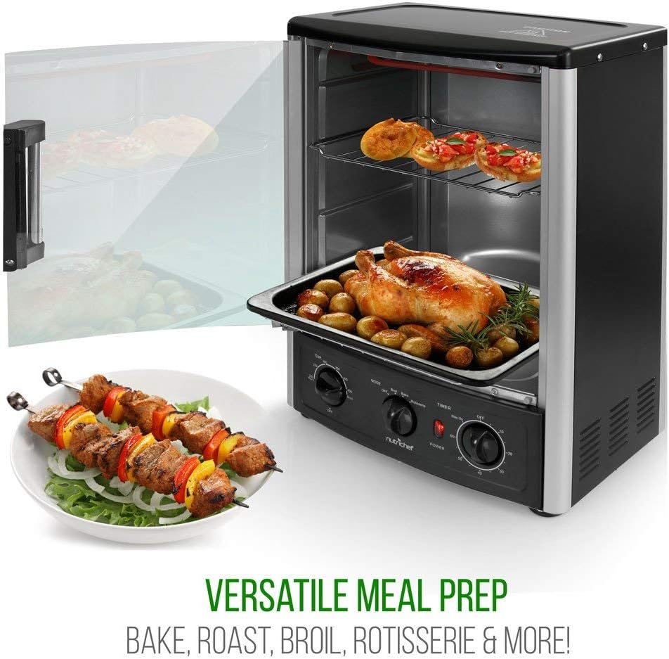 Vertical Countertop Oven with Rotisserie, Bake, Broil, & Kebab Rack Functions - Adjustable Settings - 2 Shelves