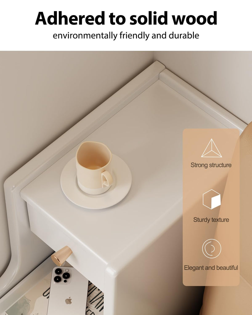 Solid Wood Narrow Nightstand with 3 Drawers, Modern White, Fully Assembled