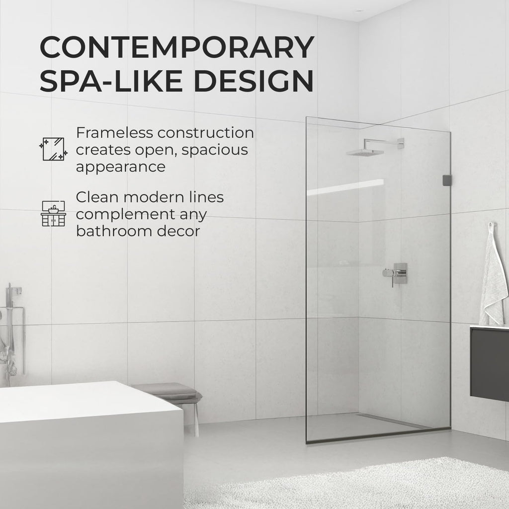 36x76 Frameless Shower Panel - 3/8" Thick Tempered Safety Glass - Fixed Bathroom Partition - Chrome Finish