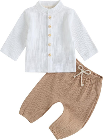 Toddler Boy Linen Outfit Baby Boy Fall Winter Clothes Set Button-Down Shirt Tops Cotton Linen Pants 2PCS