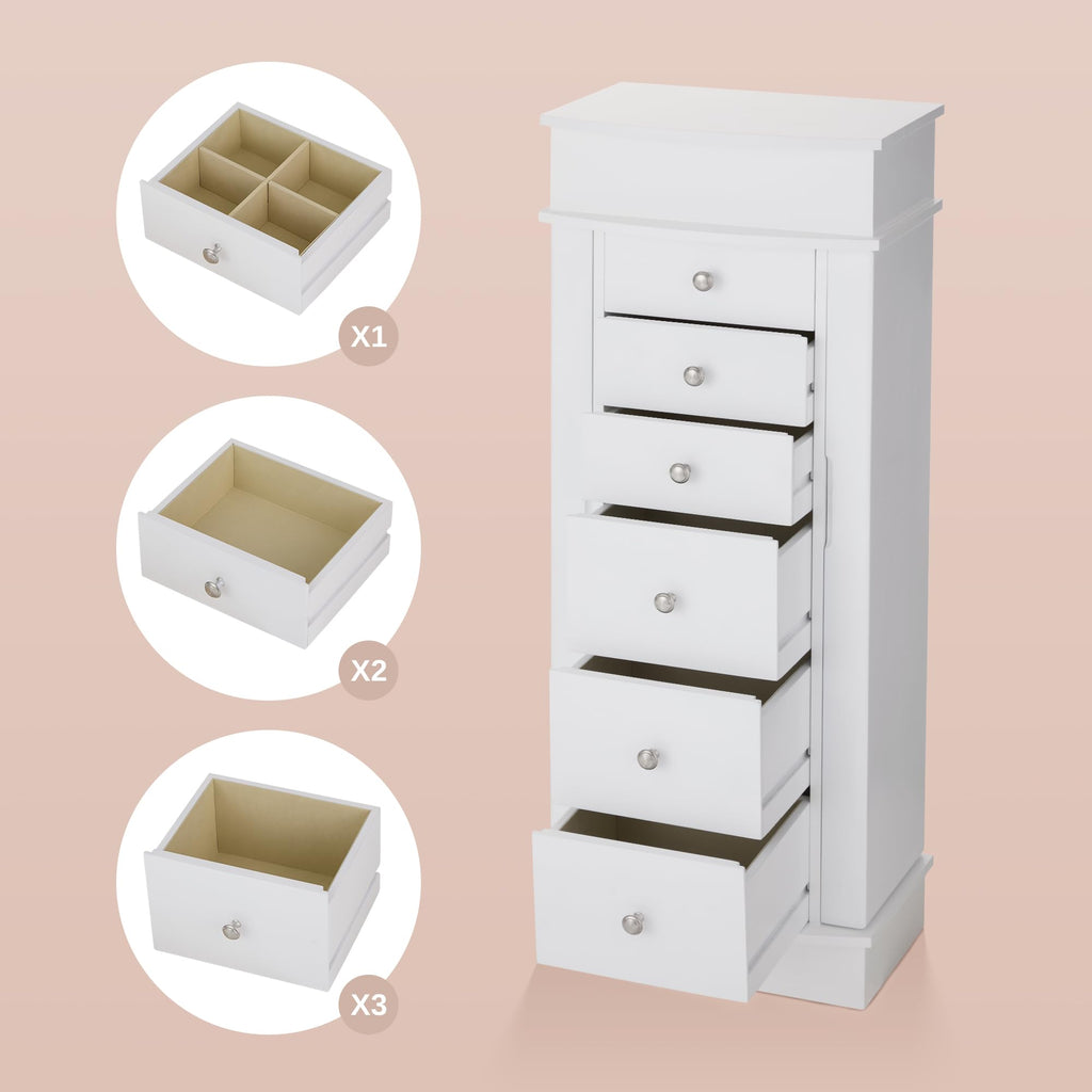 Jewelry Cabinet with LED Mirror and 6 Drawers, White