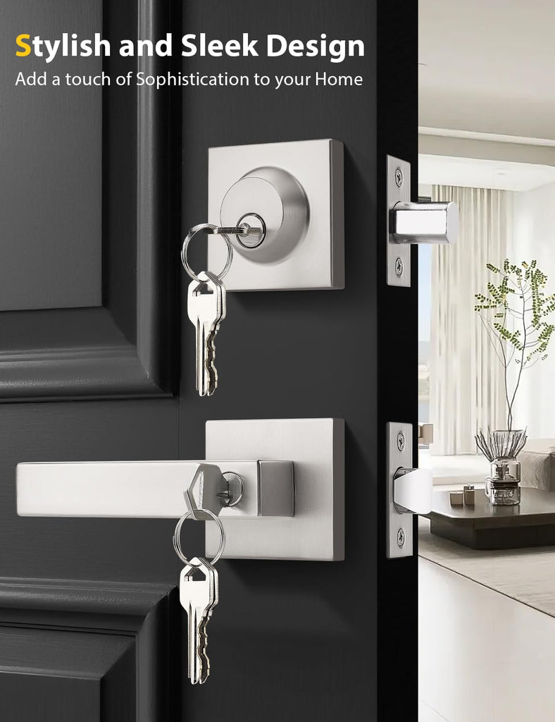 4 Pack Brushed Nickel Keyed Alike Front/Exterior Door Levers with Single Cylinder Deadbolt, Square Entry Door Knob