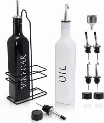 Oil and Vinegar Dispenser Set with Caddy Holder, 17oz Black & White Olive Oil Dispenser Bottle, Cute Modern - Set of 2