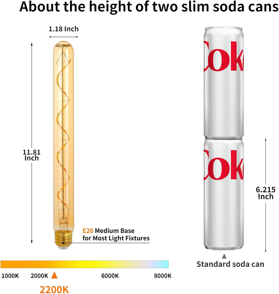 E26 T10 12 Inch Long Tubular LED Edison Bulbs, 6W(60W Eqv) 120V, 2200K Ultra Warm Candlelight, Dimmable, Spiral