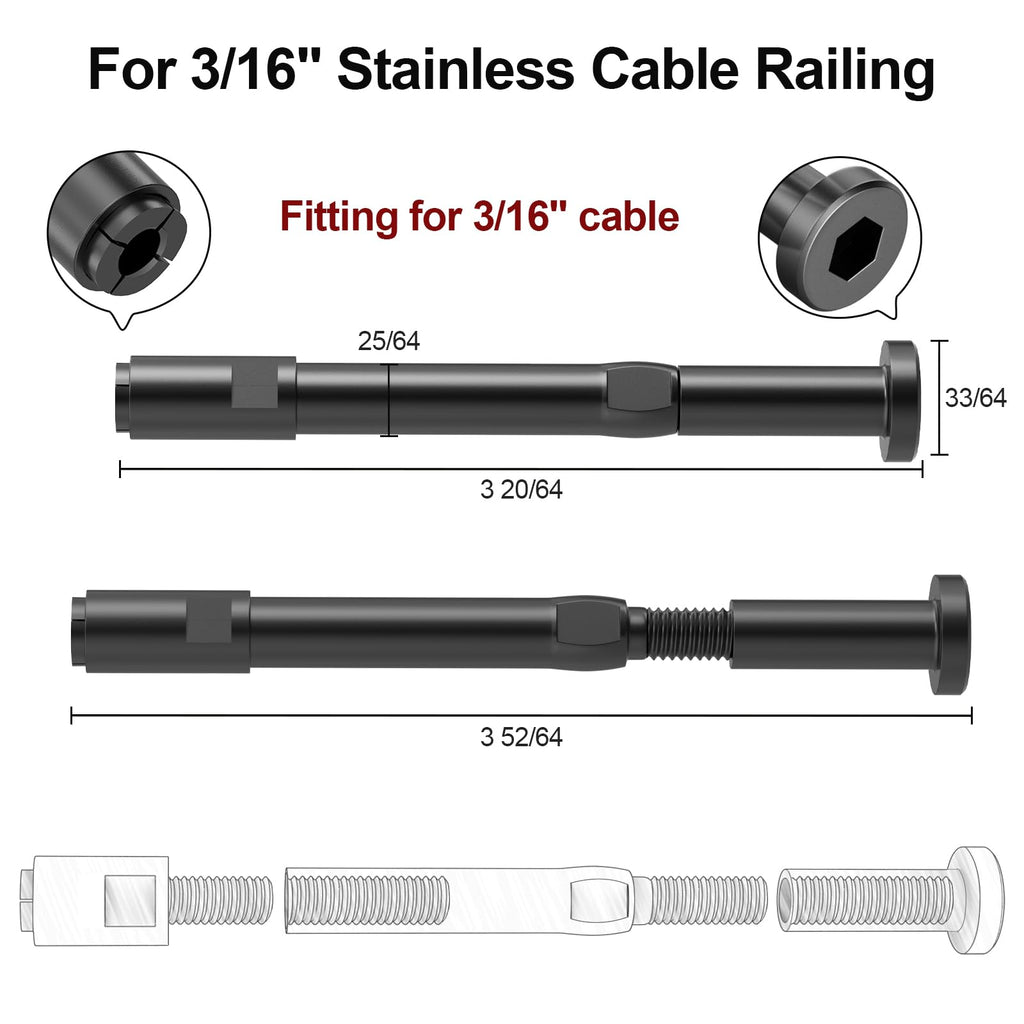 20 Pack 3/16" Black Swageless Invisible Cable Railing Kits