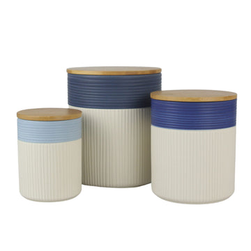 Luca Ombre Embossed Ceramic Kitchen Canister Set, Set of 3, Matte Blue/White, Bamboo Lids