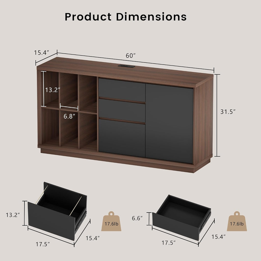 60" File Cabinet with Drawers & Door, Built-in Charging Station | Office Storage Credenza with 6 Open Cubes
