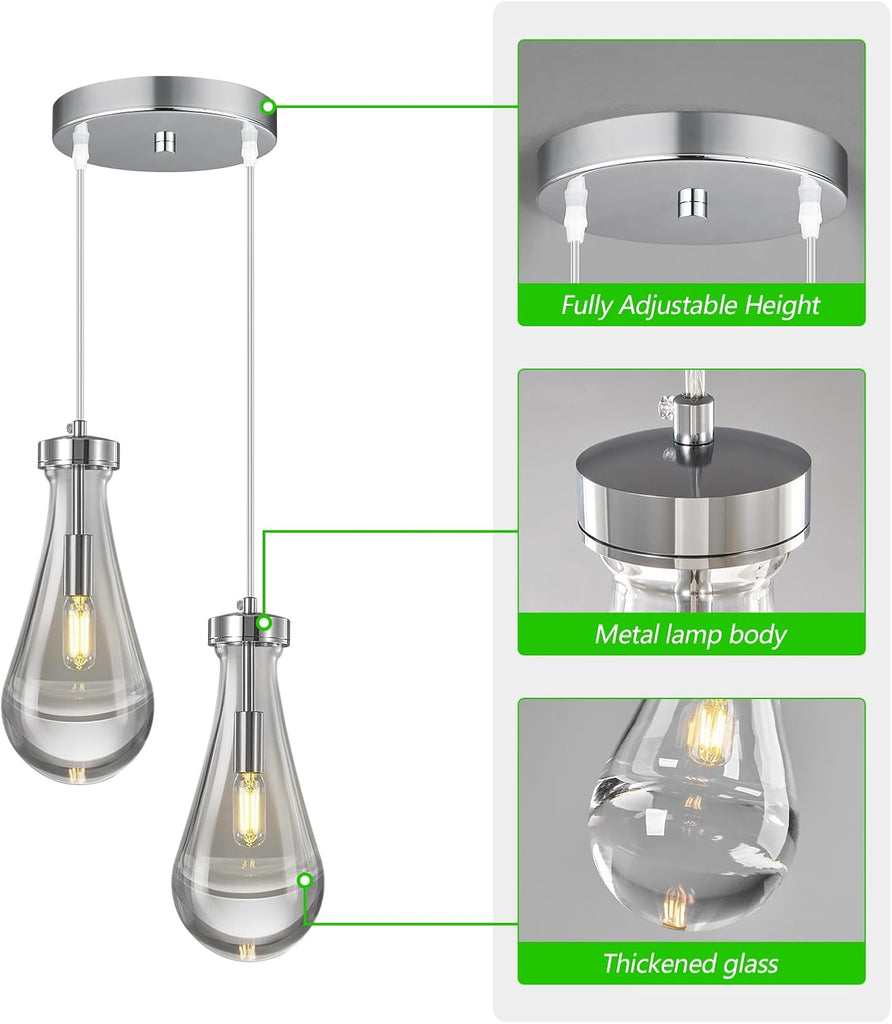 Raindrop Pendant Lights Kitchen Island Teardrop Chrome Hanging Light Fixtures Clear Solid Glass Pendant Light Modern Chandeliers for Dining Room Porch Corridor Living Room (2-Light) A121-B0DNDNPR3C