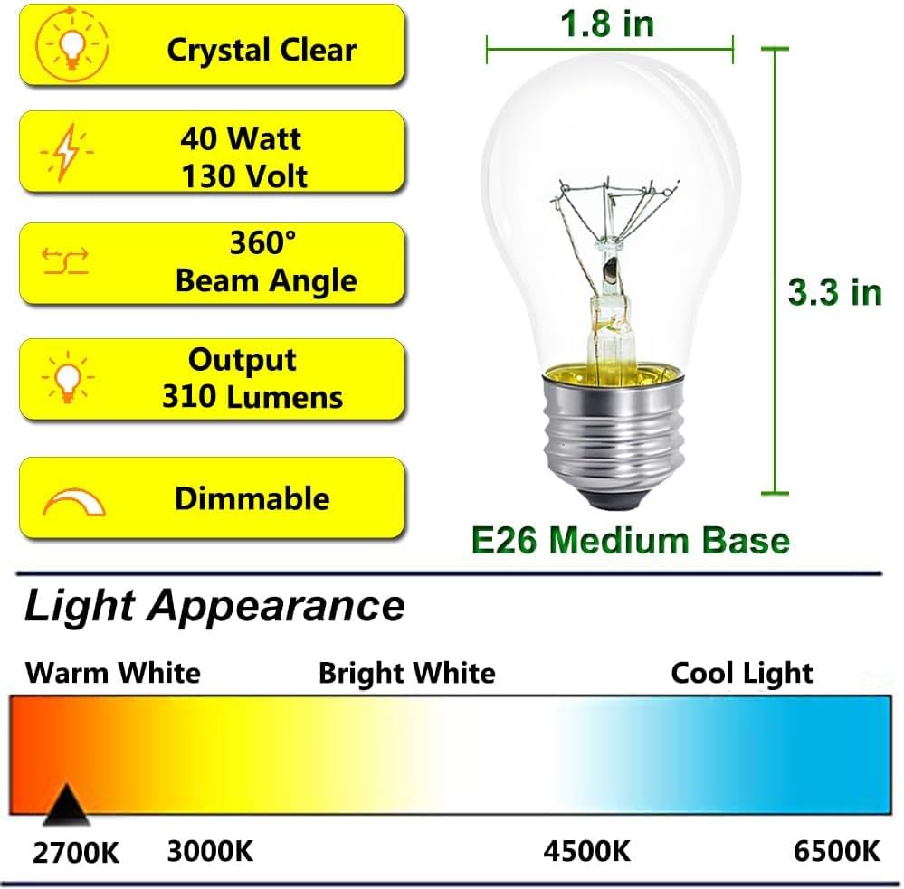 Lava Lamp Bulb 40W 4 Pack E26 Medium Base A15 Appliance Oven Light Bulb
