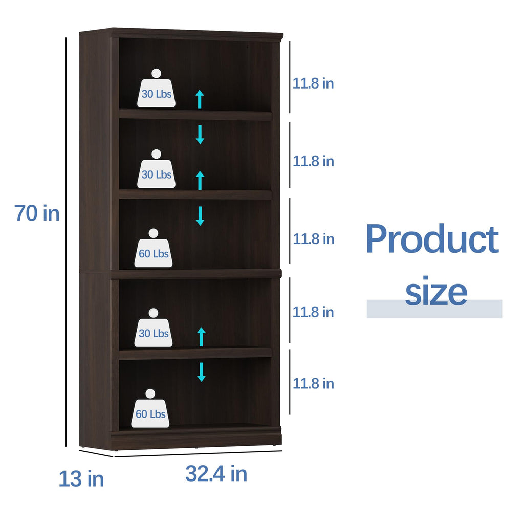 5-Shelf Tall Bookcase Wooden Bookshelves 33in Wide Floor Standing Display Storage Book Shelves 70 in Dark Cherry