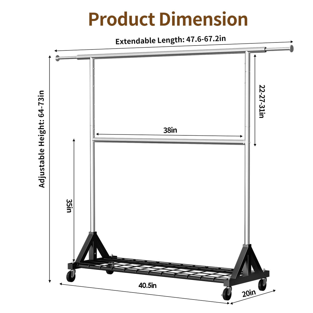Heavy Duty Clothes Rack with Lockable Wheels Load 600 LBS, Silver