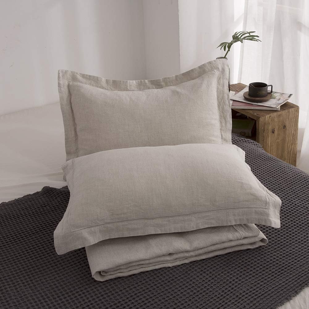 100% French Flax Linen Duvet Cover Set with Embroidery Washed - 3 Pieces (1 Duvet Cover with 2 Pillow Shams) with
