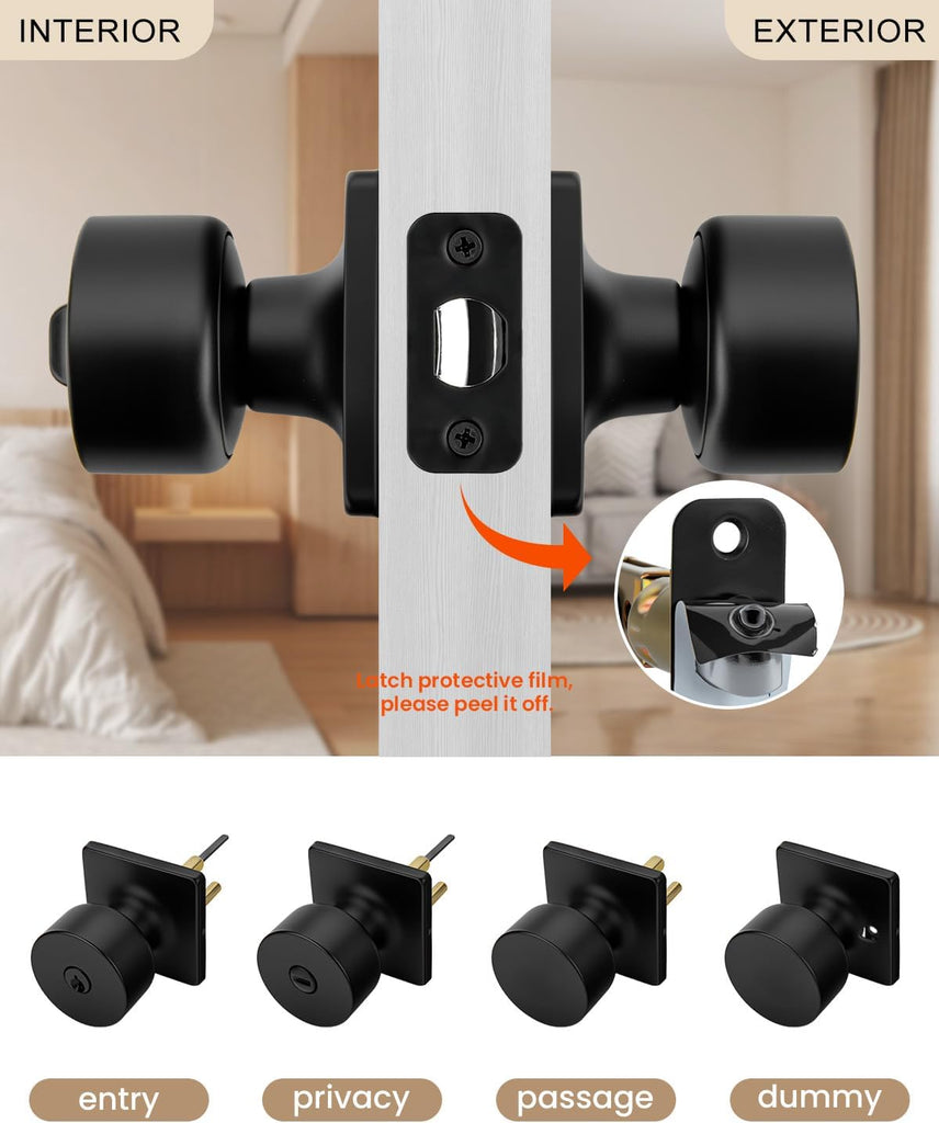 Black Door Knobs Interior, Matte Black Door Knobs Privacy Door Knob Black Interior Door Knob Bathroom (6 Pack)