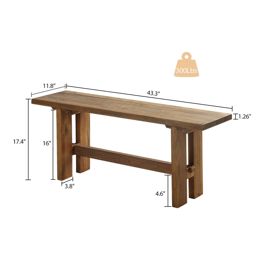Reclaimed Solid Wood Bench, 43.3" Farmhouse Entryway Bench