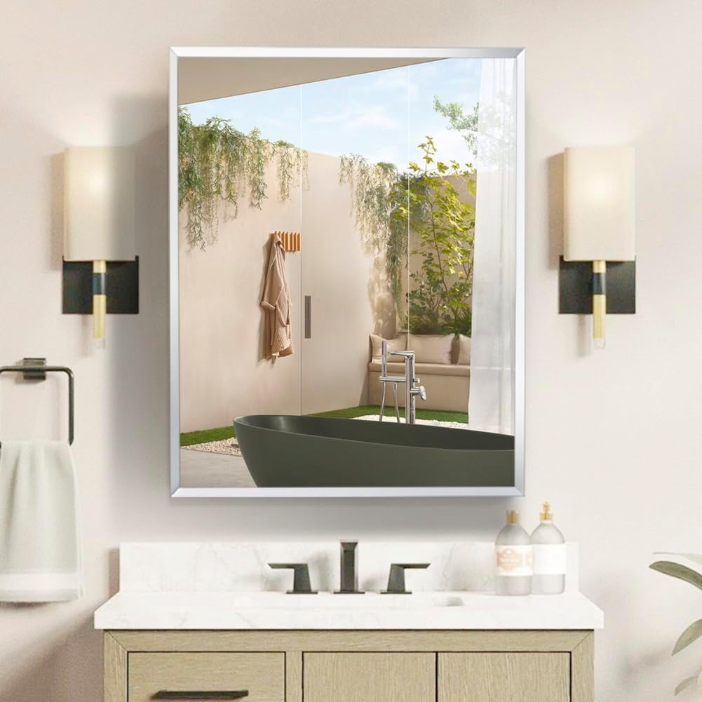 Medicine Cabinet with Mirror, 24 Inch x 30 Inch Aluminum Mirror Cabinet with Single Door, Bathroom Medicine Cabinet