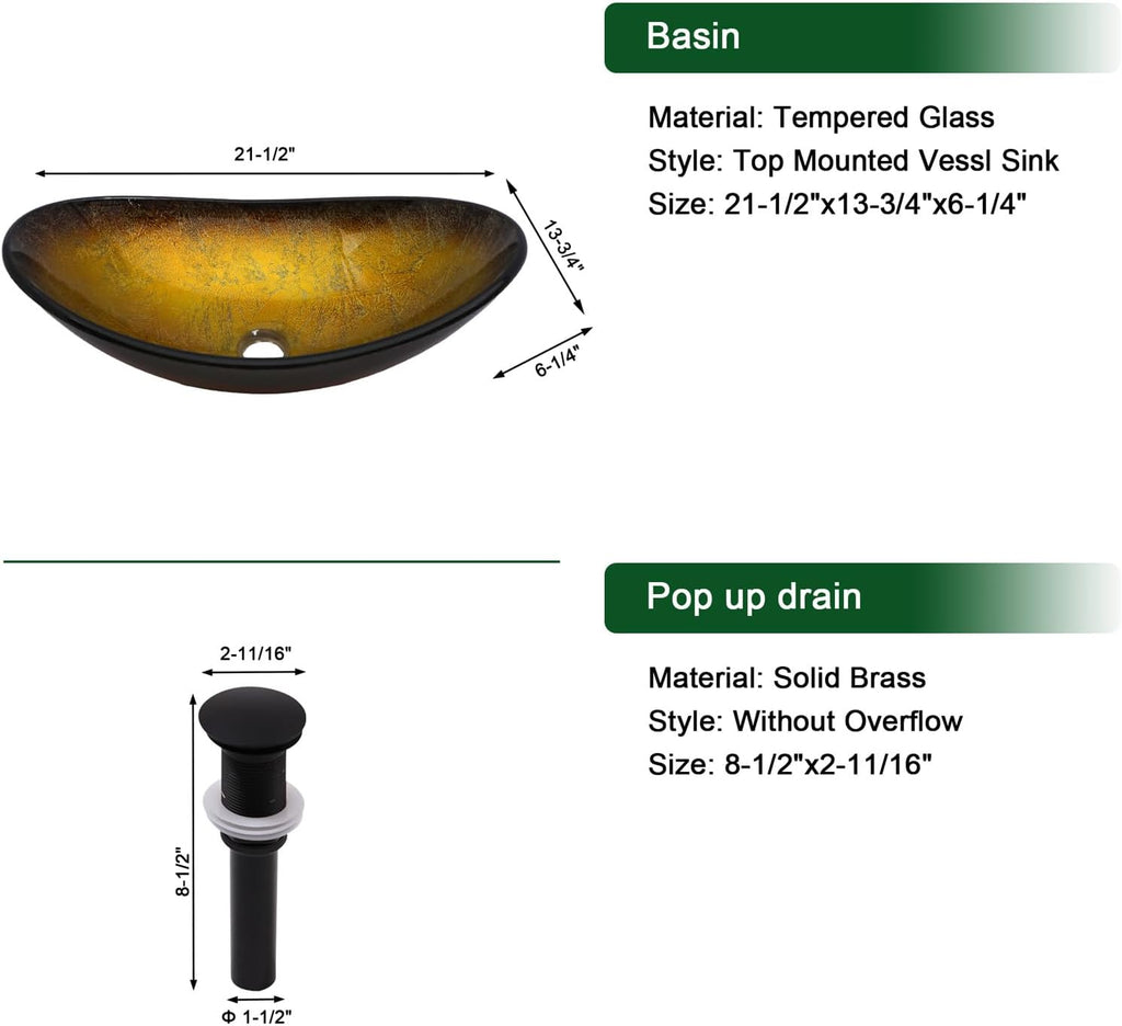 Sarlai Boat Shape Bathroom Vessel Sink with Black Faucet and Pop-up Drain Set 21x14 Inch Modern Artistic Tempered
