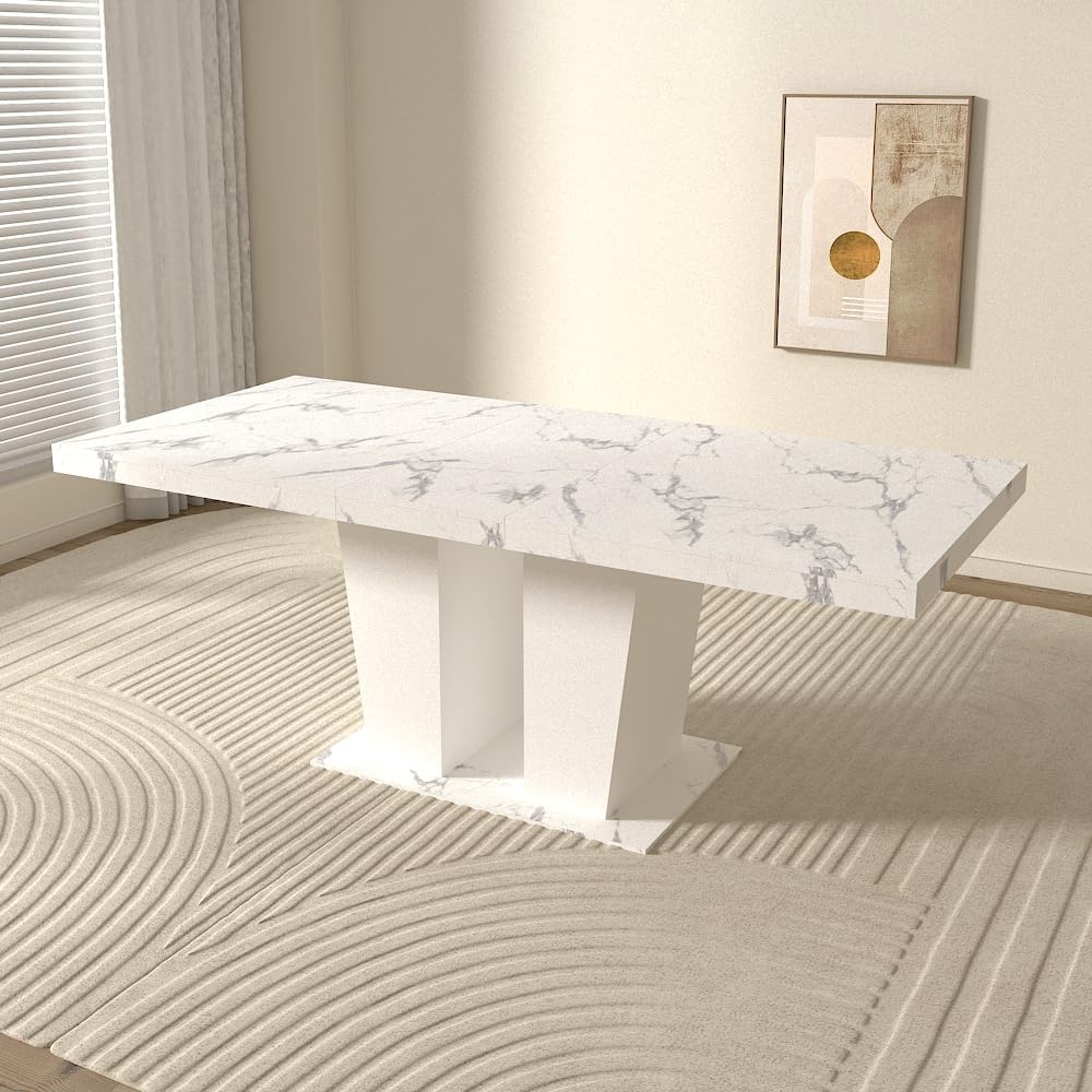 Extendable Dining Room Table for 6-10 Person, Modern Large Rectangular Kitchen Tables w/Dual Column Pedestal Base for