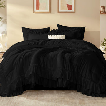 Comforter Set, 7 Pcs Black Ruffle Bed in a Bag