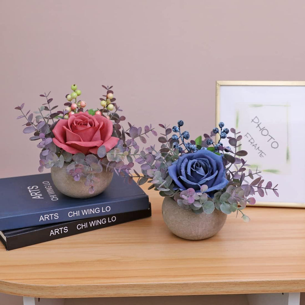 Small Artificial Blue Rose Potted Plant, Mini Faux Floral Decor