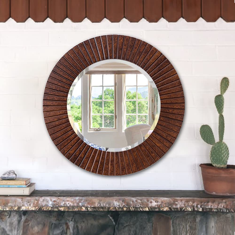 30'' Round Mirror with Wood Frame, Large Decorative Mirror for Wall, Farmhouse Bathroom Mirror with Bronze Groove