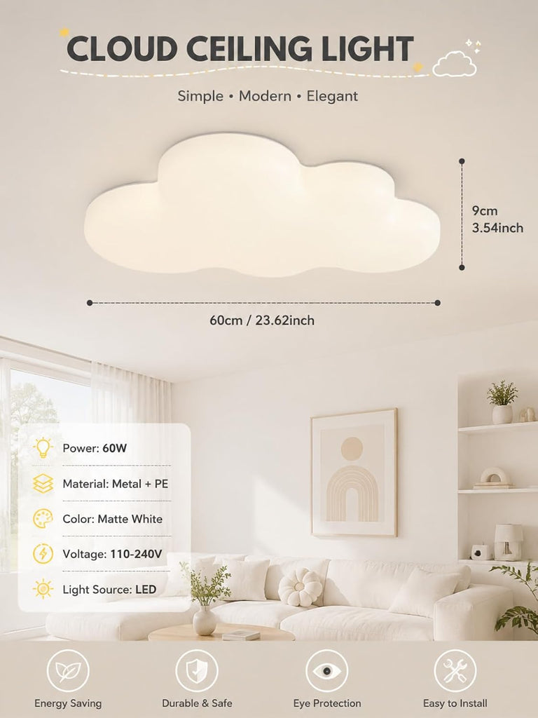 Cloud Ceiling Light, 60W Dimmable LED Flush Mount Fixure for Kids Bedroom