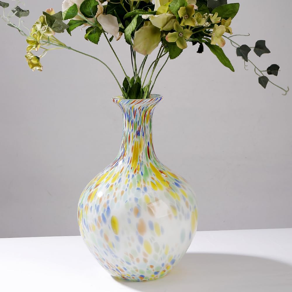 Hand Blown Colorful Round Murano-Style Art Glass Vase - 12.5" Tall,Wide Mouth Glass Vase for Mantle Dining Table