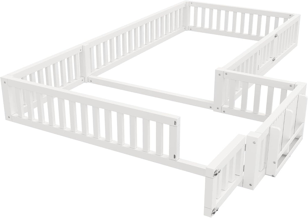 L Shape Double Floor Bed with Bookcase & Lockable Safety Gate, Montessori Bed Frame with Storage for