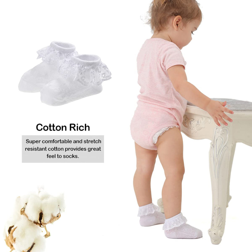 Baby Lace & Frilly Socks - 3 Pack Newborn Girls' Ruffle Eyelet Princess Cotton Socks, White