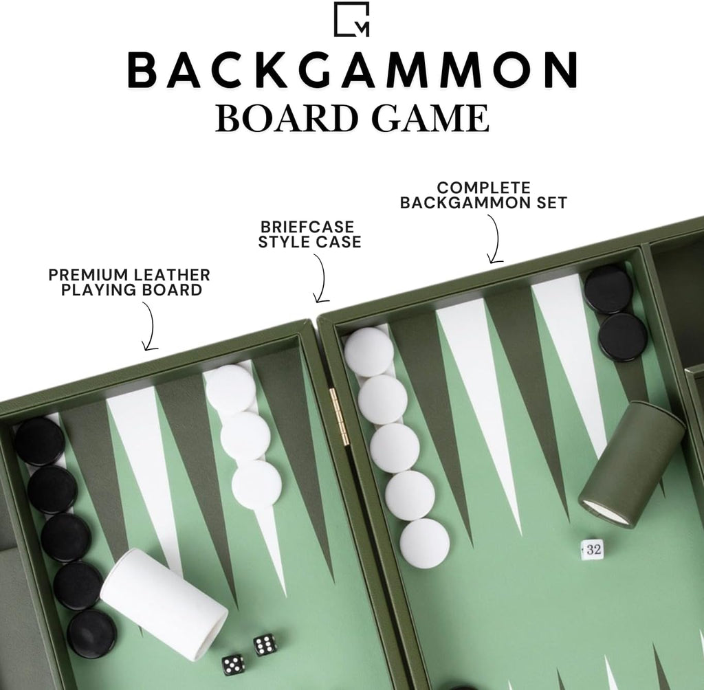 Premium Backgammon Set - 20 Inch Large Backgammon Game with Dice, Doubling Cube & Cups - Green & White Foldable