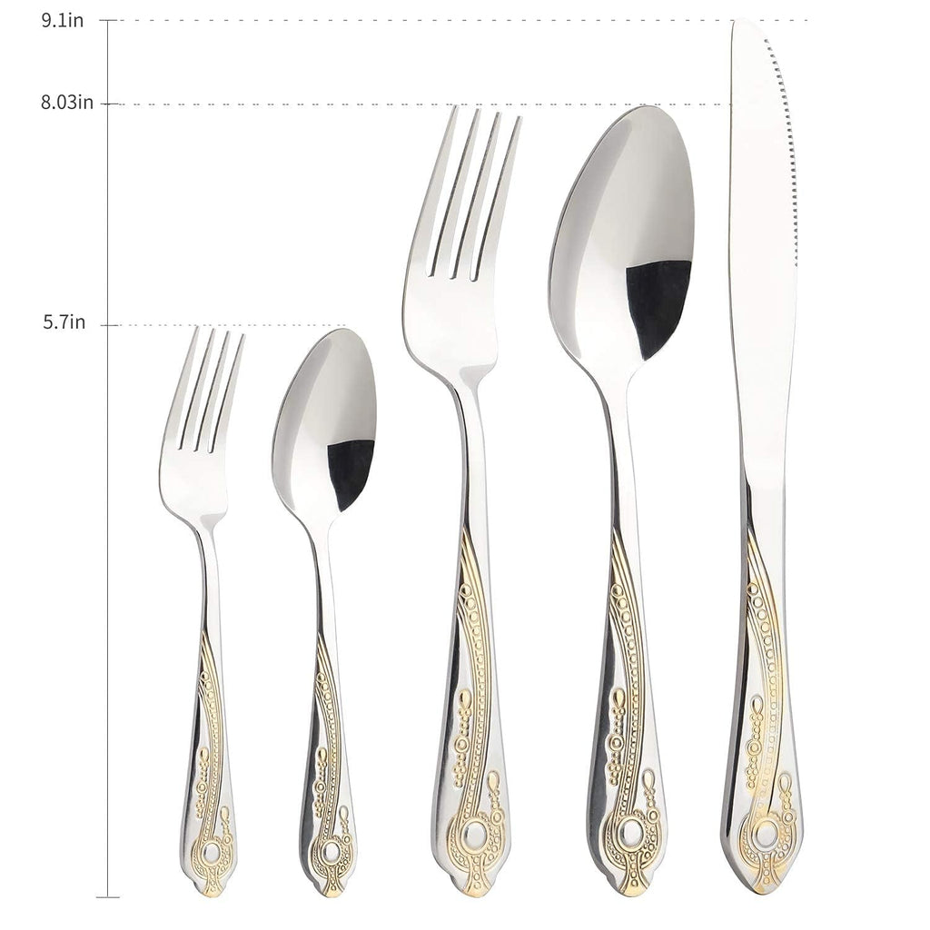 Gold Silverware Set, 20 Piece Stainless Steel Golden Flatware Set for 4, Silver Tableware Set with 24K Gold-Plated