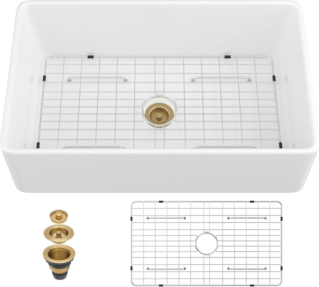 White Farmhouse Sink 33x20 Inch | 33x20x10 In White Farmhouse Sink Fireclay Farm Style Apron Front Kitchen Sink Large