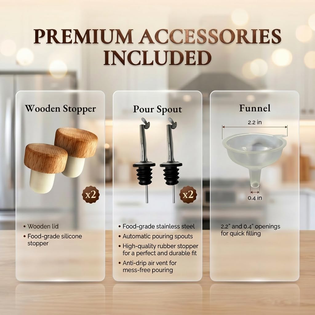 Elegant Oil and Vinegar Dispenser Set - Glass Bottles 17oz/500ml with Corks, Pouring Spouts & Funnel | Modern Olive - Set of 2