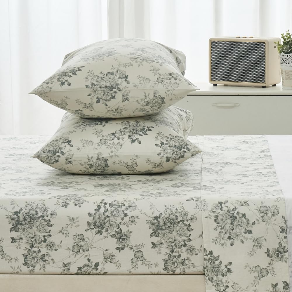 Split King Cotton Sheets Set Printed Bedding Sets, Bedlinen for Mattress Up to 14" Deep, Toile Rose Floral Pattern
