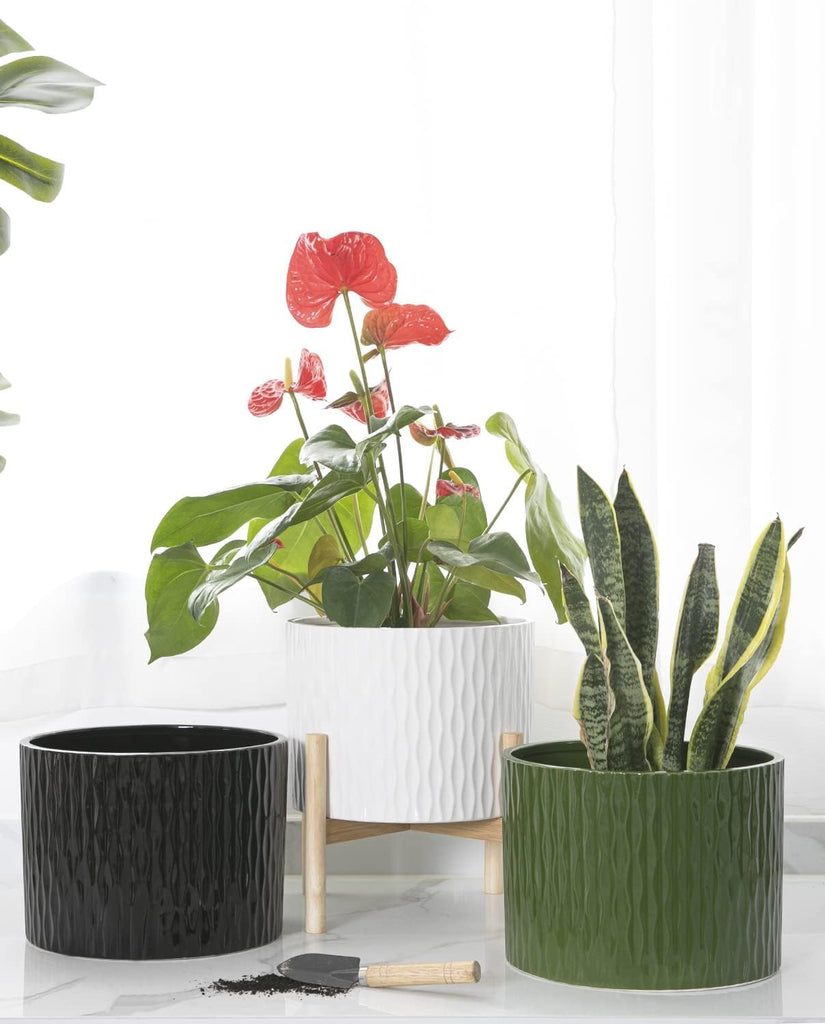 Ceramic Plant Pot with Stand, 10 Inch Planter with Wood Shelf, Modern Round Flower Pots Indoor with Wood Planter