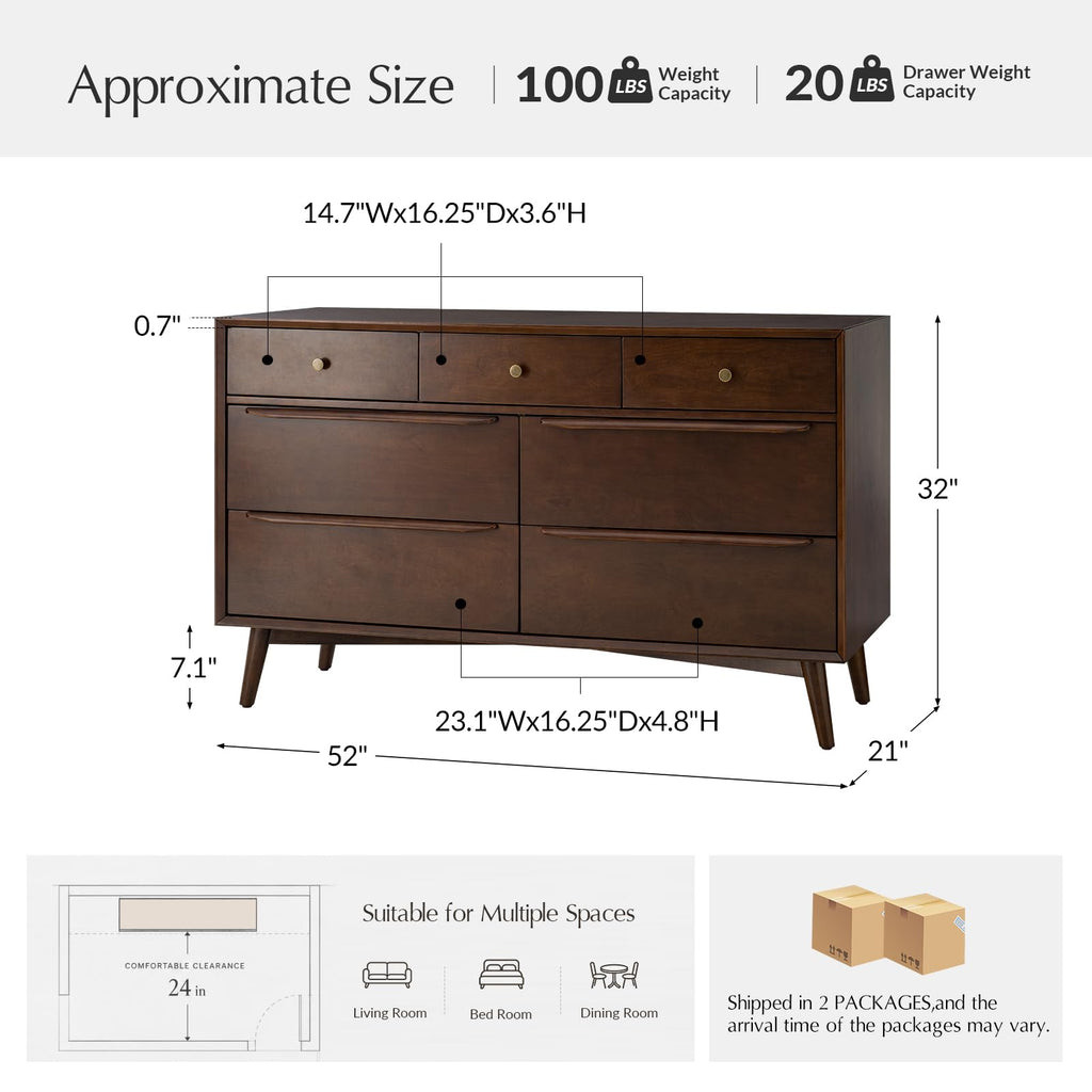 Mid-Century Modern 7-Drawer Dresser with Dividers (Walnut)