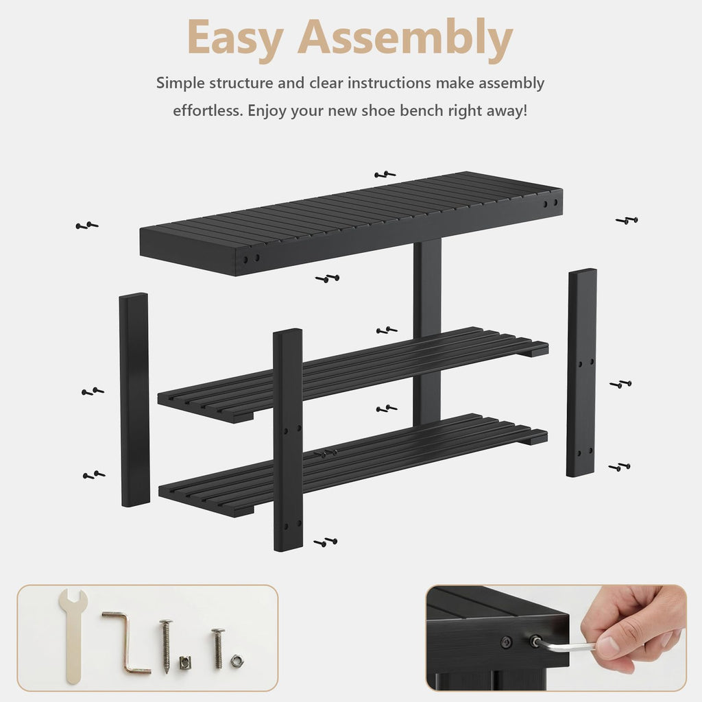 Shoe Rack Bench, 3-Tier Bamboo Organizer, 11x36x18in, Black